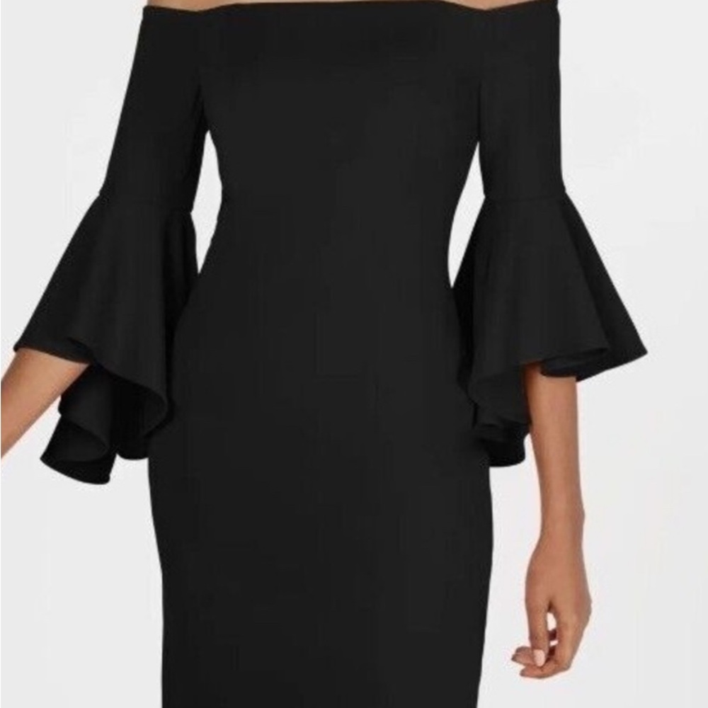Calvin Klein Black Off-Shoulder Bell Sleeve Sheath Dress